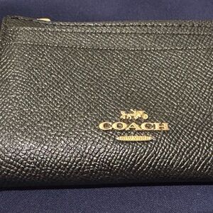 Coach Black Textured Leather Zip Card Wallet with Gold Logo